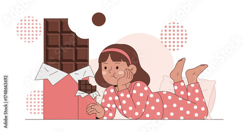 Sweet Treat Dream Girl Enjoys Chocolate Bar, Relaxed Moment, Blissful Dessert Time