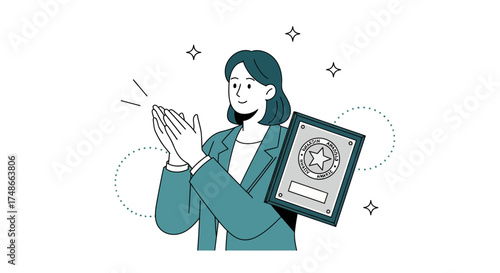 Successful Woman Holding Award Proudly Clapping Her Hands with Joyful Expression