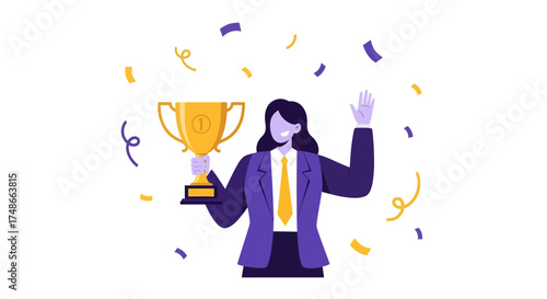 Successful Woman Holding Award Cup Celebrates Victory And Reaching The Goal