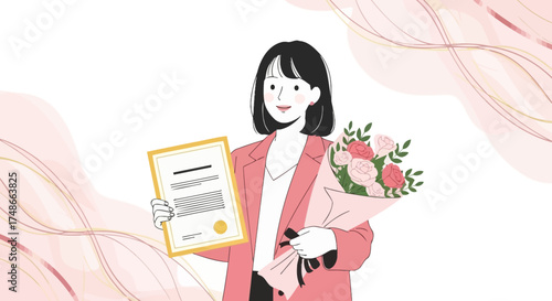 Successful Woman Holding Certificate and Flowers, Elegant Artistic Illustration with Pink Tones