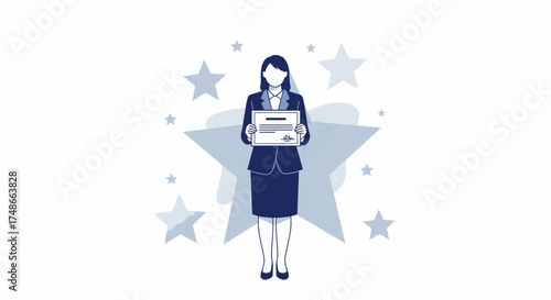 Successful Woman Holding Certificate Under Starry Background Illustrating Achievement And