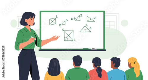 Teacher explaining math at the whiteboard in front of students in a classroom setting