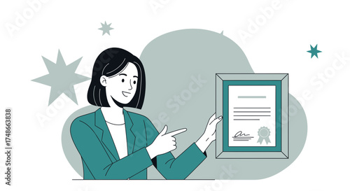 Successful Woman Holding Diploma, Achievement, Certificate and Showing Success in Business