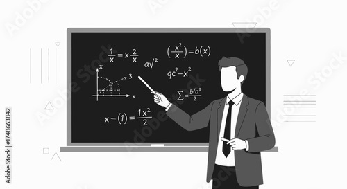 Teacher Explaining Math Equations On Blackboard To Illustrate Learning Process and Science