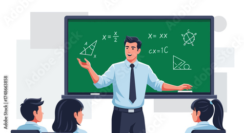Teacher Explaining Math Lesson In Front Of Students With Blackboard Background