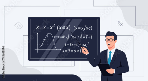 Teacher explaining mathematical concepts on a blackboard and using a pointer to illustrate