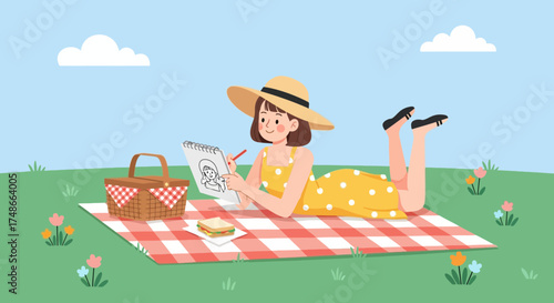 Summer Daydream: Cartoonist Lying Down Sketching During a Relaxed Picnic Outdoors