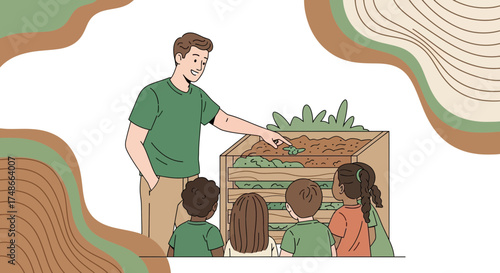 Teacher Shows Children Compost Bin: Educational Gardening Lesson About Sustainability and Learning