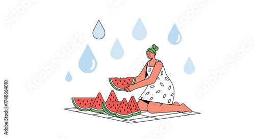 Summer Delight: Woman Enjoying Watermelon Slices During Refreshing Rainfall