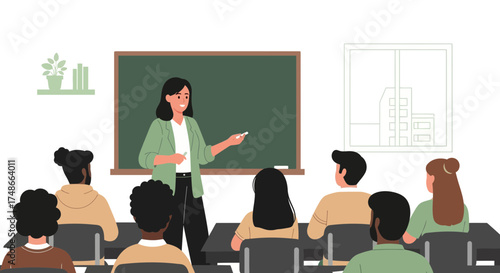 Teacher Teaching Students In Animated Classroom Environment With Blackboard And Window