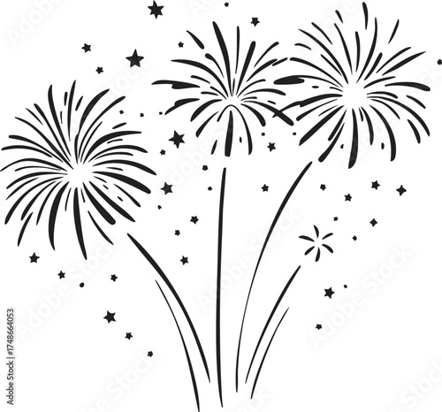 Firework burst vector—black-and-white silhouette of celebratory explosions with stars and motion lines for festive themes