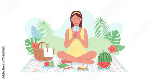 Summer Picnic Bliss Moment: Woman Relaxes Sipping Drink Amidst Nature's Embrace