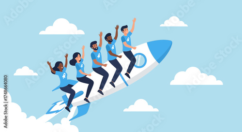 Team Advances Forward On Rocket Towards The Clouds Reaching Their Shared Goals