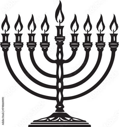Hanukkah menorah vector—black-and-white sketch of nine-branched candelabrum with flames and curved design for Jewish celebration