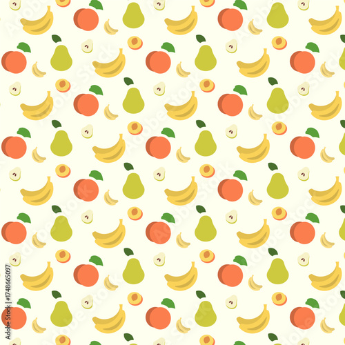 A vibrant pattern showcases various fruit icons including bananas, pears, and apples on a light background. This design is perfect for brightening kitchens or fruit-related projects.