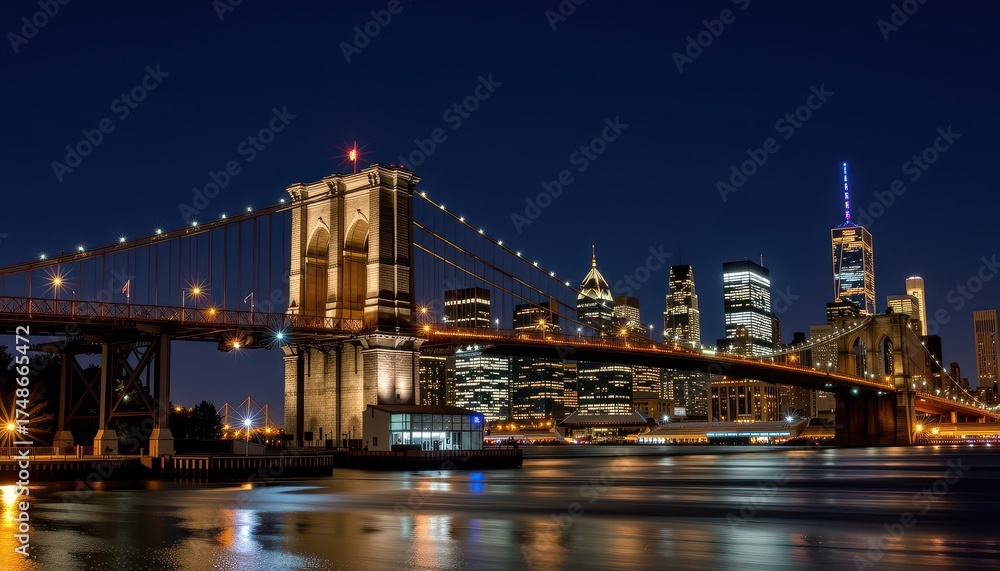 Fototapeta premium Iconic Brooklyn Bridge illuminated at night, majestic cables and towers silhouetted against a dark sky, city lights twinkling in the background, night photography, scene, gothic