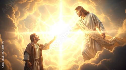 Man reaching out to Jesus in a spiritual encounter on celestial clouds with bright light, religious footage