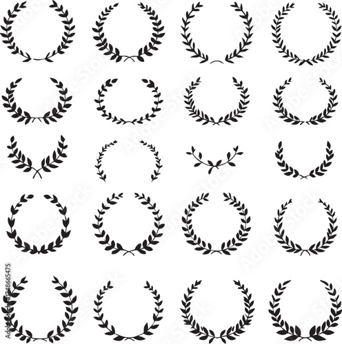 Laurel wreath vector set—20 black silhouette designs in circular and V-shaped styles for awards, honor, and decoration