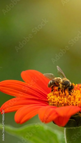 A close-up photograph of a bee pollinating a vibrant orange flower against a blurred green backdrop, bathed in sunlight