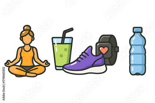 Wellness activities featuring a person meditating, healthy drink, fitness tracker, and sports shoe in a calm environment