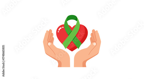 Show your support with this heart featuring a green ribbon held in caring hands, perfect for mental health awareness campaigns and charitable causes