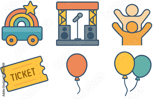 Colorful festival elements including stage, balloons, and tickets arranged to create a lively atmosphere for a fun community event