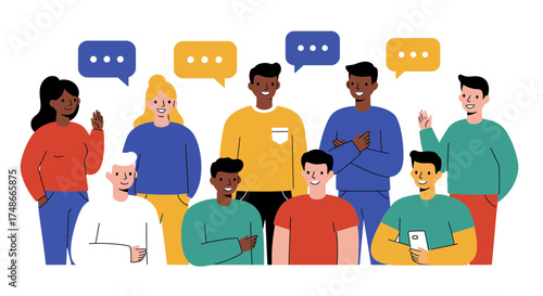 Diverse team collaboration and communication with speech bubbles, symbolizing teamwork, ideas, and modern professional connection for global business success