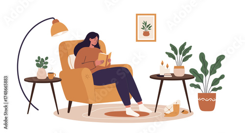 Cozy reading nook inspires mindful moments, woman relaxing with a book in armchair, indoor plants and soft lighting creates a serene atmosphere