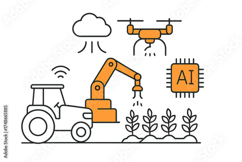 Modern agriculture utilizes technology like drones and AI for efficient crop management in a sustainable farming environment