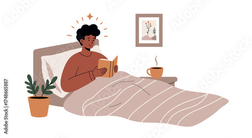 Morning bliss personified a cozy scene of a man reading in bed with coffee and houseplant nearby, portraying relaxation and a mindful lifestyle beautifully