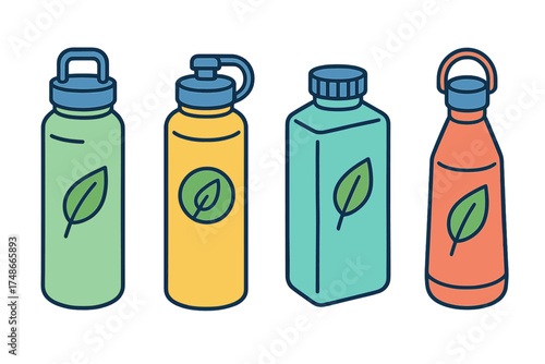 Colorful reusable water bottles lined up, showcasing environmental design in a modern style