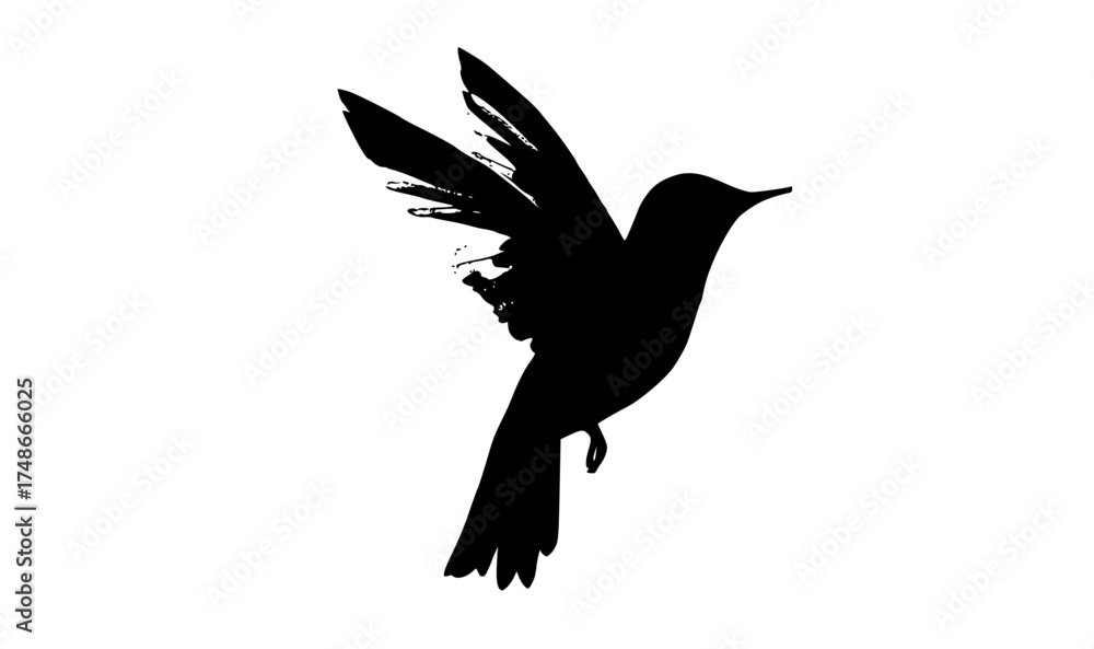 Fototapeta premium a silhouette of a hummingbird in flight, with its wings spread widebird, black, flight, fly, hummingbird, profile, sky, spread, white, wing 