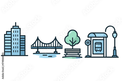 City landscape with modern buildings, a bridge, greenery, and a bus stop in an urban environment during daylight