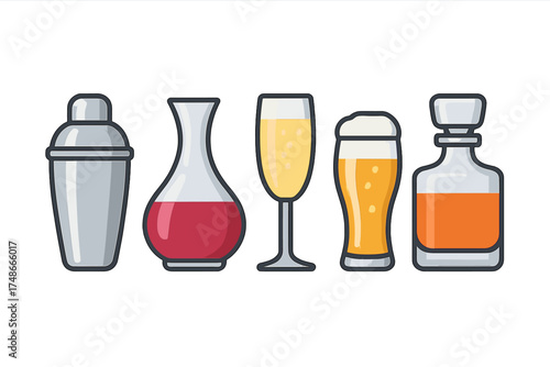 Variety of drinks displayed in elegant arrangement at a lively bar setting during evening hours