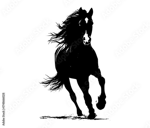 a black and white silhouette of a horse gallopingblack, dust, horse, mane, run, white, wind 
