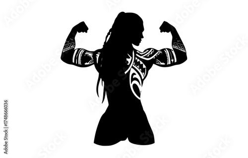 a silhouette of a muscular man with tribal tattoos, flexing his bicepsathletic, black, dance, dancer, dress, girl, hand, muscle, profile, woman 