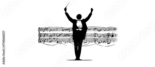 a silhouette of a conductor standing with his arms raised, surrounded by music notesarm, black, conductor, gymnast, hand, illustration, instrument, man, muscle, music, note, profile, stand, wand 