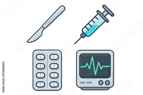 Essential medical instruments including a scalpel, syringe, pill pack, and monitor showcasing healthcare equipment