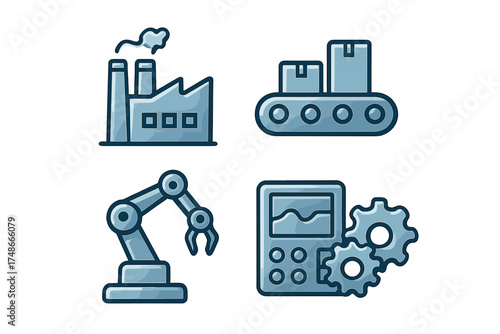 Industrial automation icons representing modern manufacturing processes in a sleek digital design