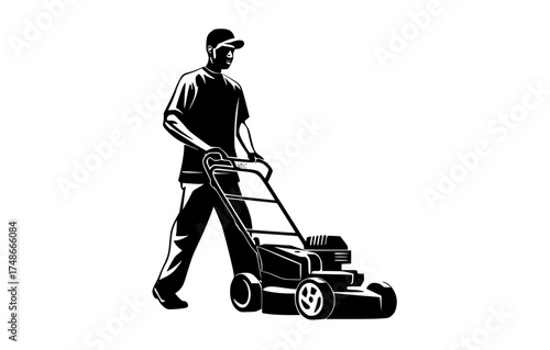 a black and white silhouette of a man mowing the lawn with a lawnmowerbaseball hat, black, cut, gardener, grass, illustration, lawn, man, mower, profile, push 