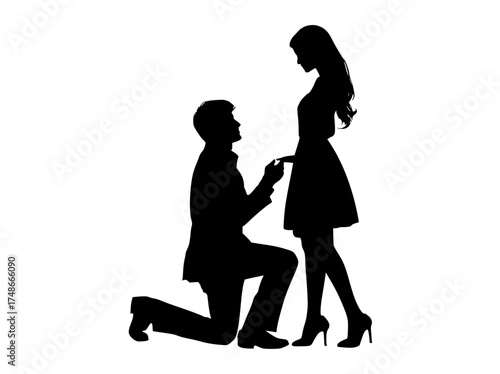 a silhouette of a man proposing to a womancouple, floor, girl, man, profile, proposal, stool, woman 