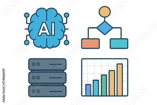 Visual representation of artificial intelligence, data flow, server infrastructure, and graphical analysis for technological understanding