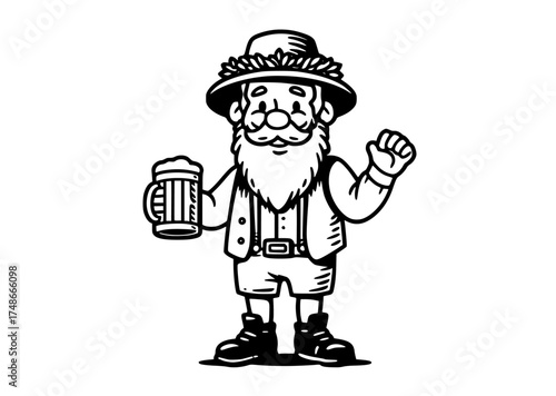 a cartoon leprechaun character holding a beer mugbeard, beer, beverage, can, catch, cup, hand, hat, illustration, leprechaun, man, mug, pint, sun hat, wear 