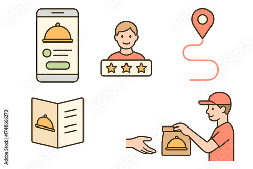 Food delivery service illustrating a user-friendly app, customer rating system, and delivery experience