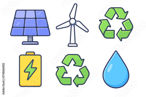 Renewable energy symbols including solar, wind, recycling, battery, and water icon designs in a modern style