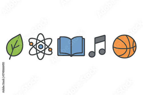 Icons representing nature, science, education, music, and sports in a minimalistic style
