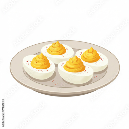Deviled eggs arranged on a plate with garnishing details  