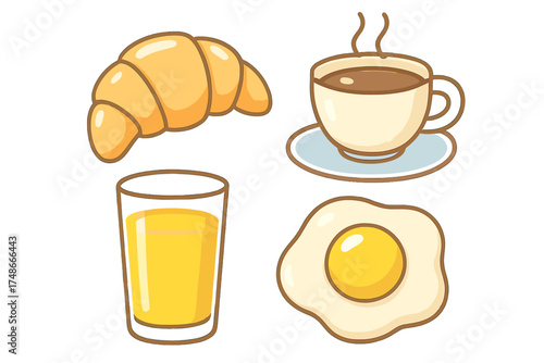 Delicious breakfast items featuring croissant, coffee, orange juice, and fried egg on a bright background