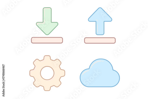 Icon set representing upload, download, settings, and cloud storage in pastel colors on a white background