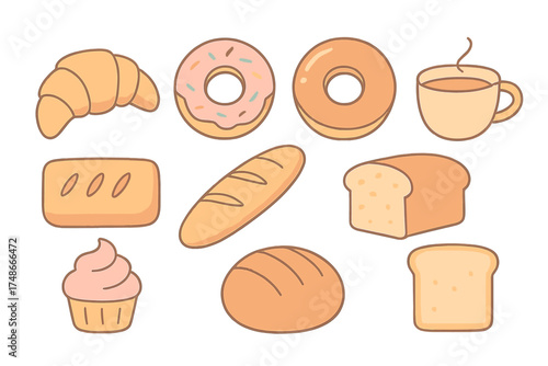 Variety of baked goods and beverages displayed in a colorful and artistic style suitable for a bakery menu or dessert shop